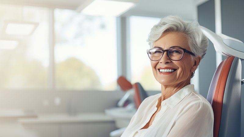 older woman smiling happily with dental implants